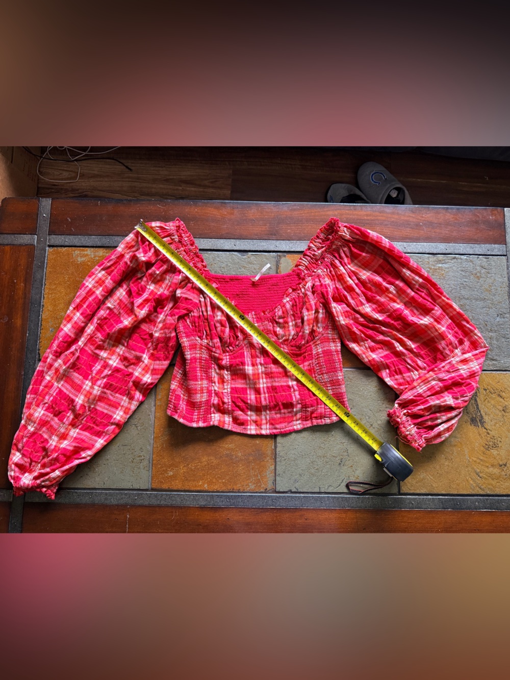 Free people red plaid smocked breast large stretchy balloon sleeves top fairy